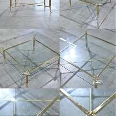 ★アンティーク調 高級ガラステーブル 真鍮 クローム脚 スクエア ロー コーヒーテーブルの画像