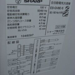 ★6097★（★1台限り★ジモティー特典あり★1回に洗える量が5人分の）シャープ　全自動洗濯機８.０ｋｇ　２０２１年製　ES-GV8E-S　白　3～4人世帯　60㎝幅　高く買取るゾウ八幡東店の画像