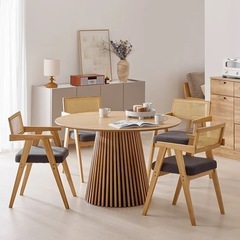 LOWYA 4人掛けダイニングテーブルセット 円形 木目調　ナチュラル ラタンの画像
