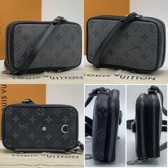Louis Vuitton ルイヴィトン モノグラムエクリプス リバース ダブルフォンポーチ ショルダーバッグ クロスボディ 近年 希少 美品 レザー メンズ RFIDタグ M69534の画像
