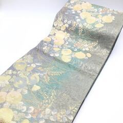 ss7806　夏帯 六通柄 グリーン系 おまけ付 グレー ゴールド 金糸 淡色 夏の帯 透け感 和装小物 着物用品 和服 女性用 婦人用 レディース 夏帯 中古の画像