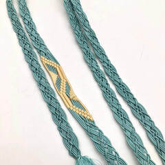 ss7806　夏帯 六通柄 グリーン系 おまけ付 グレー ゴールド 金糸 淡色 夏の帯 透け感 和装小物 着物用品 和服 女性用 婦人用 レディース 夏帯 中古の画像