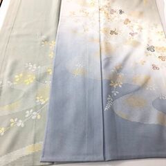 ss7807　着物 グリーン×ブルー おまけ付 淡色 身丈158cm 薄手 夏の着物 訪問着 お洒落着 和装 和服 きもの 婦人用 女性用 着物 中古の画像