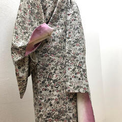 ss7808　着物 小紋 深緑×ピンク 身丈153cm カジュアル お洒落着 和装 和服 きもの 婦人用 女性用 着物 中古の画像