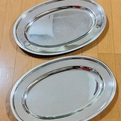 縁柄入り ステンレスプレート 4枚セット 丸皿 楕円皿 　ビュッフェ　サービング　パーティー　バーベキューの画像