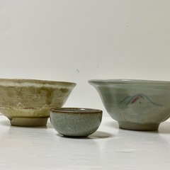 陶芸　志村睦彦　三島　中国美術　龍泉窯　茶碗　猪口　アンティーク　3点セットの画像