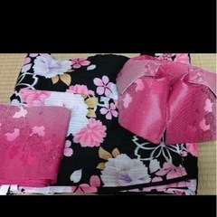 浴衣・帯セット 黒地 花柄 ピンクの画像
