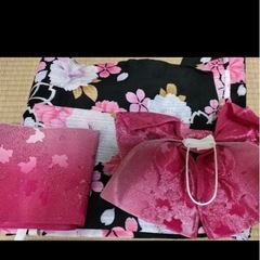 浴衣・帯セット 黒地 花柄 ピンクの画像