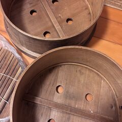 【0円】和せいろ 木製 二段セット（蒸し布・竹すのこ付）【使用感あり】の画像