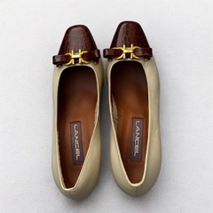 LANCEL ランセル スクエアトゥ パンプス 23cm ベージュ 通勤パンプス ビットパンプス ミドルヒールの画像