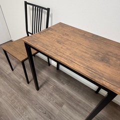 【超美品】木目調ダイニングテーブル＋チェア1脚セット／シンプル・アイアン脚の画像