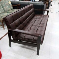 使用感あり コスパクリエーション 3人掛けソファ 幅158cm 木製フレーム 合成皮革 ブラウン系 3Pソファ 家具 長椅子 苫小牧西店の画像