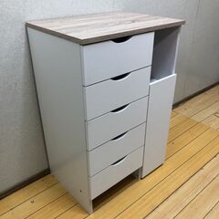 木目調天板 ホワイト キッチン収納 レンジ置き対応 5段チェスト 扉付き 台所収納 キャビネット 作業台 幅60cmクラス　251230-3の画像