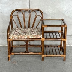 ✿80s✿ 昭和レトロ ラタンアームチェア サイドテーブル一体型ガラストップの画像