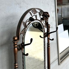 昭和レトロ ミッドセンチュリー 大型傘立て付きスタンドミラー アイアン 帽子掛けの画像