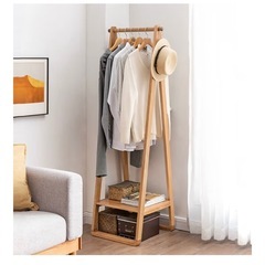 新品 【無垢材】自立式 コートラック シューズラック 一体型｜玄関収納 省スペース 二段棚付き｜衣類・バッグ・帽子・傘収納対応｜モダン 北欧風の画像