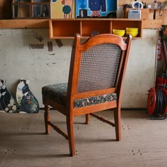 ブルージュ　Brugge　ラタンチェア　籐張り　花柄ファブリック　美品　三越　MITSUKOSHI ダイニングチェア　オーク　無垢材　ブルージュ  ラタン 籐 椅子 チェア ダイニングチェア 花柄 ファブリック アンティーク ヴィンテージ brugge BRUGGE 木製 chair vintage antique rattan chairの画像