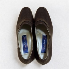 ローファー風 パンプス ブラウン 23.5 EEE 太ヒール 通勤 歩きやすいの画像