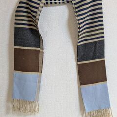 Ray BEAMS ストライプ×カラーブロック マフラー｜ブルー×ブラウン｜フリンジ付き｜ユニセックスの画像