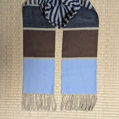 Ray BEAMS ストライプ×カラーブロック マフラー｜ブルー×ブラウン｜フリンジ付き｜ユニセックスの画像