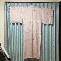 12紬　ピンク(バラ・もみじ)ひとえ着物 の画像