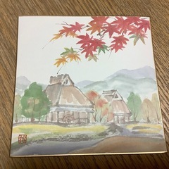 絵色紙　日本の秋　ミニ色紙　4枚　田舎の風景　柿　稚児　千切り絵の画像