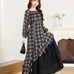チェック柄 アシンメトリー 配色 ティアード ワンピースの画像