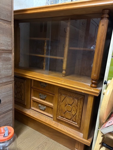 昭和レトロ 木製 食器棚 ガラスキャビネット 幅102cm アンティーク調