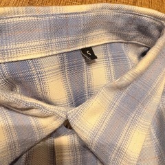 【オーバーサイズ】青と白のチェック柄長袖シャツ S、ポケット，絞り付きの画像