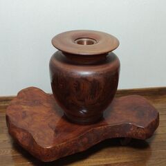 木工品 天然木 ケヤキ 木製 花瓶 (木瓶) 高さ43cm / 花瓶台 (一枚板) セット 花器 花入 置物 インテリア 和風の画像