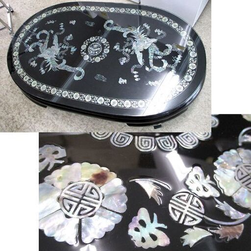 黒塗 座卓テーブル 螺鈿細工 鳳凰 華花装飾 ガラス板付き 137×82cm 韓流 札幌市北区屯田