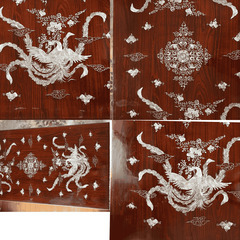 螺鈿細工 美しい 座卓 机  ガラストップ ローテーブル 木製 漆芸 伝統工芸 花柄 装飾 鳳凰図 韓国 工芸品  アンティークちゃぶ台 の画像