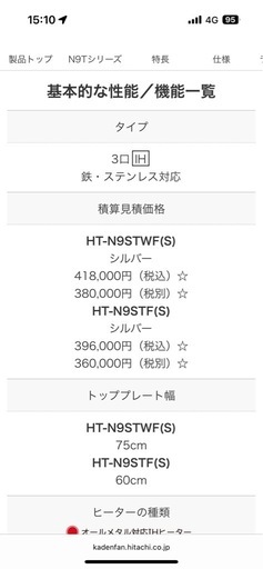 新品未使用　HITACHI IHコンロ　HT-N9STF