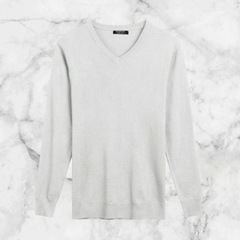 【新品】メンズ カジュアル Vネック セーター ホワイト M 無地 リブ 長袖 プルオーバー ブラウスの画像