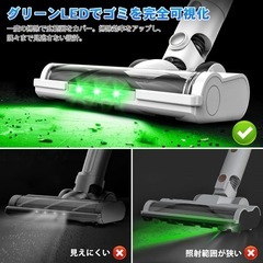 掃除機 コードレス 65Kpa強力吸引 50分連続稼働 グリーンLEDライト 白の画像