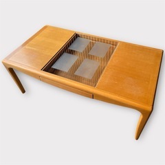 木製　テーブル　ガラス天板　引き出し付　の画像