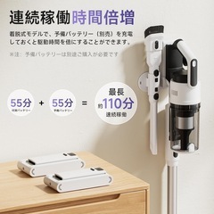 掃除機 コードレス 【新品未使用爆進化！75kpa強力吸引・自立式・55分連続稼働】軽量 視感度最適グリーンLED搭載 スタンド不要 スティック ハンディ 2WAY 掃除機 クリーナー サイクロン 充電式 低騒音 着脱式バッテリー 伸縮パイプ  1.2L大容量ダストカップ 畳/カーペット/フローリング/ペット/ソファー/車用/隙間/本棚/階段対応 一人暮らし 家庭用 （ホワイト）の画像