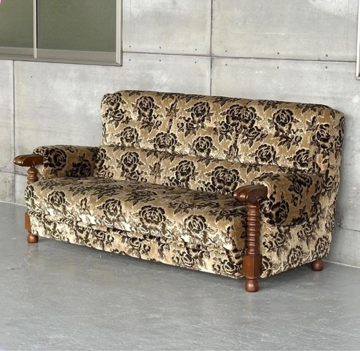 ✦昭和レトロ✦ 安い 花柄モケット 3人掛けソファ 木製アンティーク調