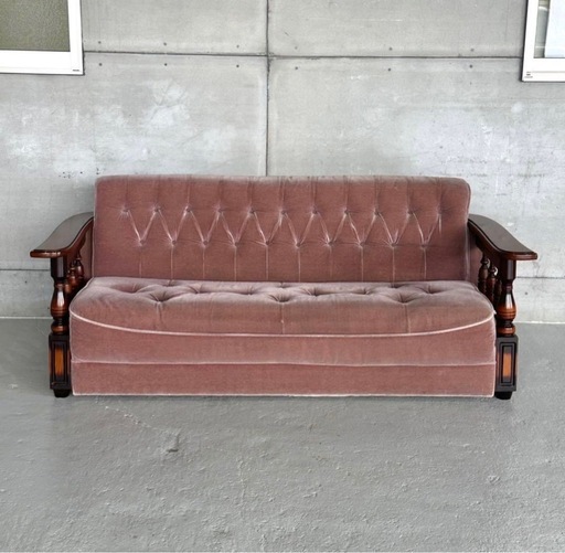 ✦80s✦ 昭和レトロ ショップ 三人掛けソファー ベロア生地 木製アーム