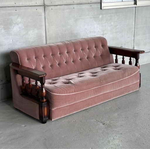 ✦80s✦ 昭和レトロ 三人掛けソファー ベロア生地 木製アーム 卸売