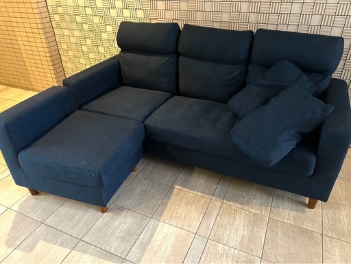 直接または近隣配送/ノーチェ　ネイビー　ファブリックソファ3人がけ　オットマンセット