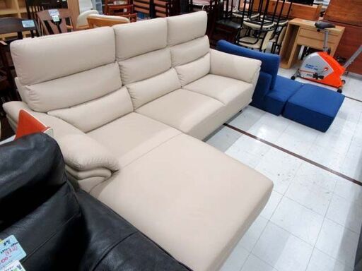 3人掛け カウチソファ L字ソファ 幅 約220cm 合皮 ホワイト系 ハイバック 3P 大型 家具 ソファー 苫小牧西店
