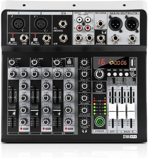 XTUGA KPミキサー、16ビットDSP効果USBオーディオインタフェース効果+48 Vファントムブルートゥース、ホームスタジオ録音、生中継、録音設備、KTV、パーティー、教会に適用 (KP4)