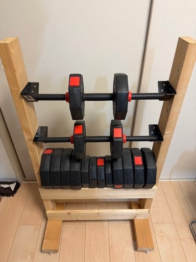 Wout バーベルにもなる ダンベル 20kg×2＋自作ダンベルラック＋ベンチ 人気