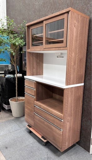 木目調 食器棚 ガラス扉 キッチンボード 美品 大川家具 ショップ