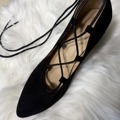 レースアップパンプス ヒール ブラック 24.5cm 編み上げ 紐タイプの画像