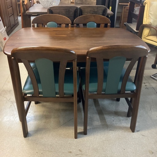 サ2601-228 ダイニングテーブルセット 椅子4脚付き ブラウン グリーン ※バラ売り不可 キズ汚れ有り