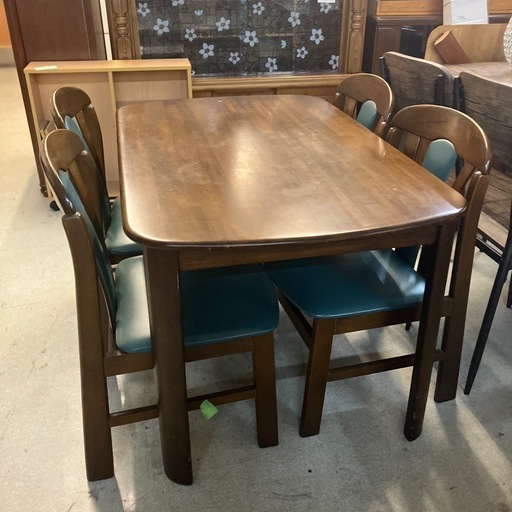 サ2601-228 ダイニングテーブルセット 椅子4脚付き ブラウン グリーン ※バラ売り不可 キズ汚れ有り