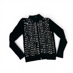 白いドットとシルバーのスパンコールで装飾された黒のジップアップセーター　ビンテージの画像