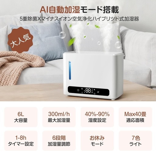 新品　加湿器 スチーム式 大容量 6L ハイブリッド式 超音波式 LEDディスプレイ 上から給水 ダブル吹出口 ホワイト